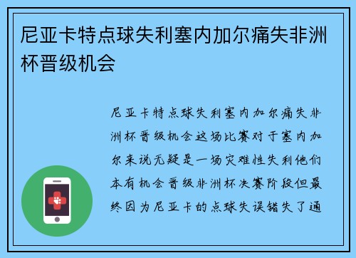 尼亚卡特点球失利塞内加尔痛失非洲杯晋级机会 尼亚卡特点球失利塞内加尔痛失非洲杯晋级机会